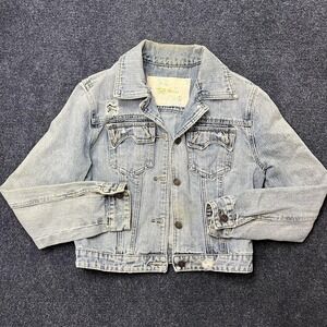 Y2K Tyte Jeans Denim Jacket Womens Medium Blue Button Front Cropped Distressed